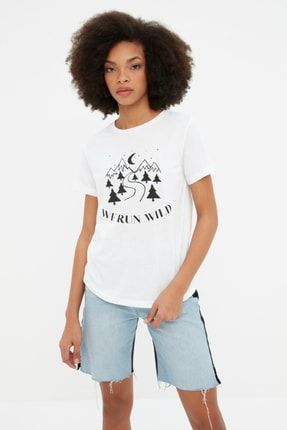 Beyaz Basic Baskılı Örme T-Shirt TWOSS22TS2180