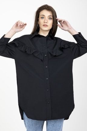 Kadın Siyah Fırfırlı Yırtmaçlı Oversize Tunik Gömlek MDTRN19876
