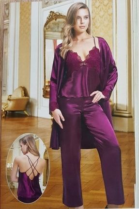 5924 Kadın Saten Sabahlıklı Pijama Takımı 3'lü Set NURTEKS5924