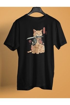 Japon Samuray Kedi Desen Baskılı Tişört T-shirt Adv-kedi-001