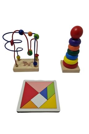 Ahşap Eğitici Oyuncak El Kordinasyon + Ahşap Renkli Kule+ Mini Tangram 3'lü Set SET03
