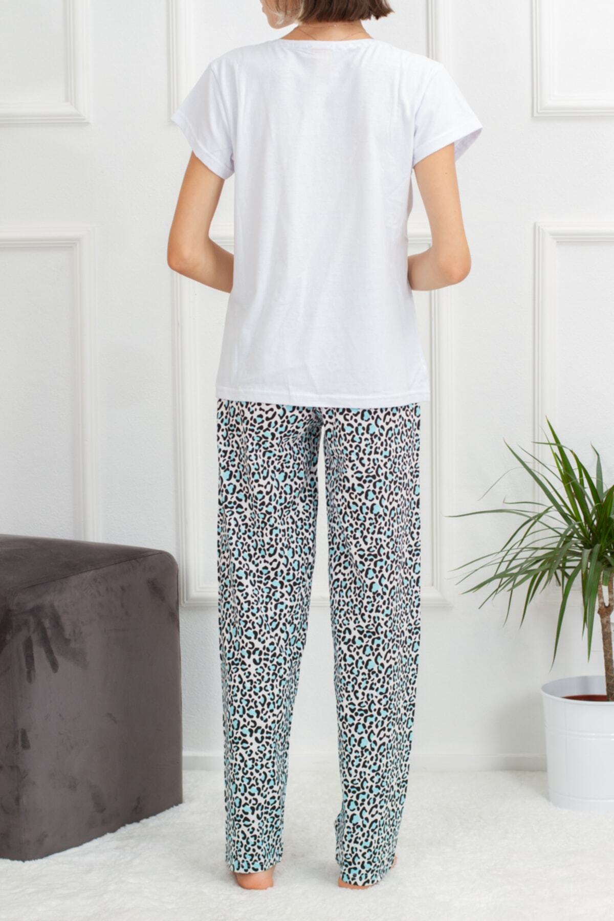 Yabgu-Women's White Blue Leopard Patterned Cotton Short Sleeve Pajama Set 4