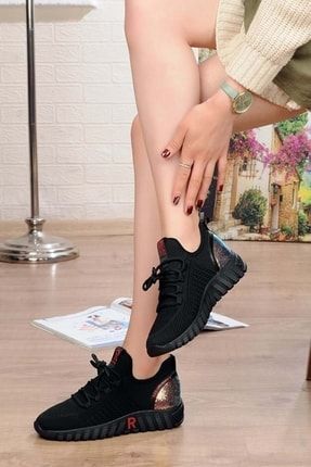 310 Kadın Siyah Dolgu Kalın Topuklu Fashion Triko Simli Pullu Ithal Günlük Spor Ayakkabı 3100
