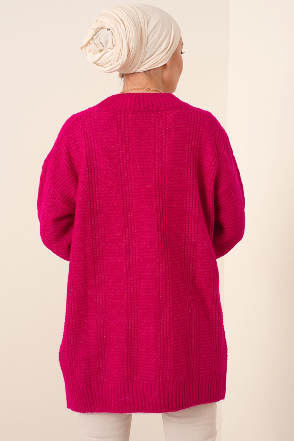 Bigdart-15768 Dunkelrosafarbener Hijab-Strickpullover mit Strickmuster und Knöpfen 5