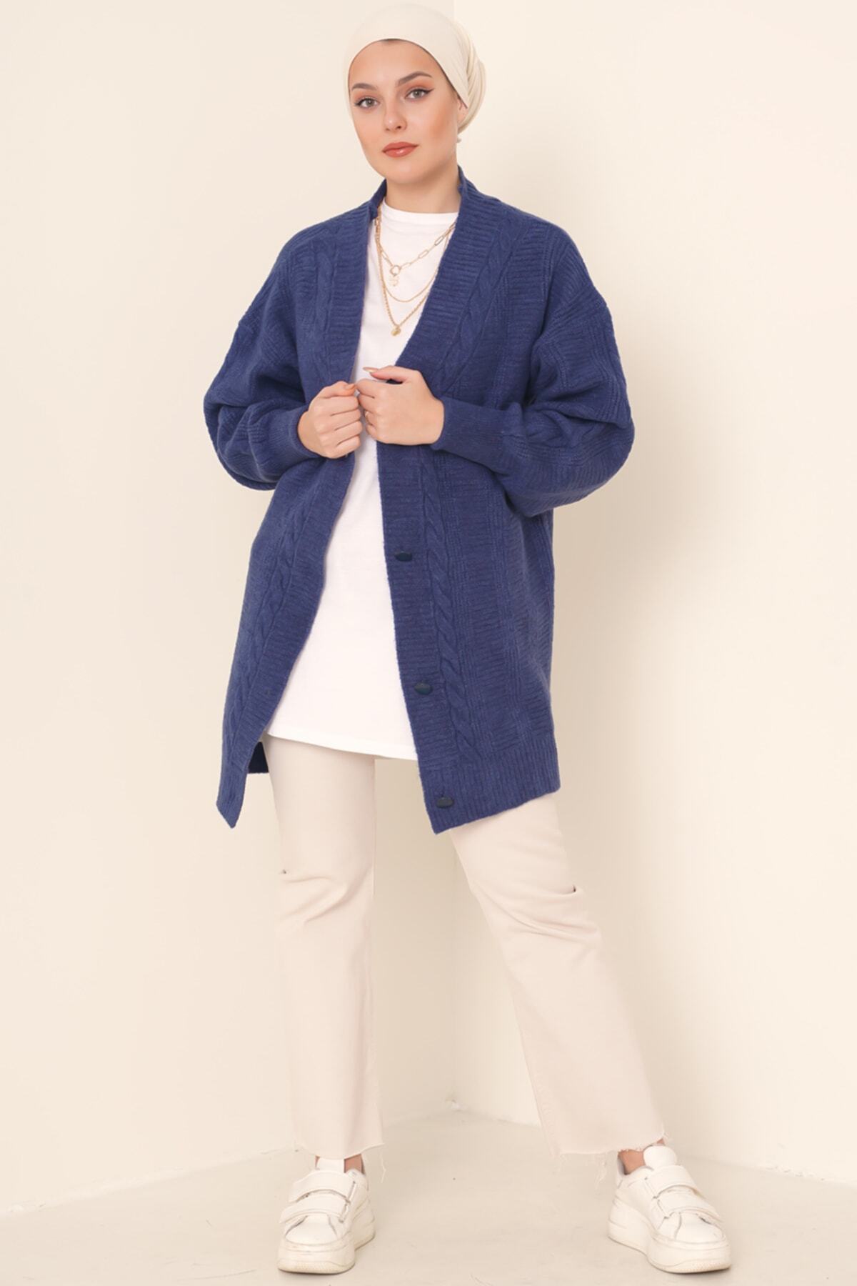 Bigdart-15768 Marineblauer Hijab-Strickpullover mit geknöpftem Haarstrickmuster 3