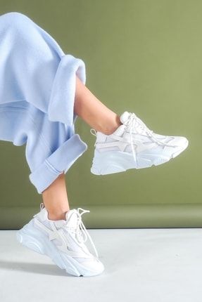 Beyaz - Kadın Yüksek Tabanlı File Detaylı Sneaker Günlük Spor Ayakkabı MTSPOR0003