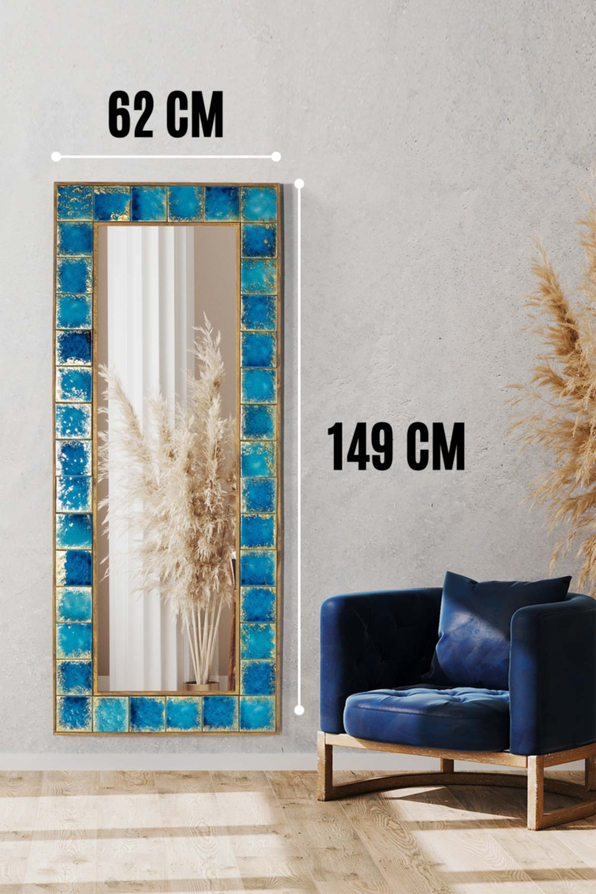 Resmo Napoli Doğal Ağaç 62x149 Cm Çerçeveli El Yapımı Çini Seramik Kaplı Salon Duvar Konsol Boy Aynası