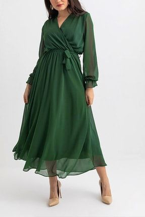 Çam Yeşili Kruvaze Yaka Şifon Elbise ZKS-0005