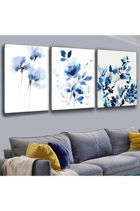 3'lü Kanvas Mavi Beyaz Renkli Çiçek Modern Tablo marpan-161