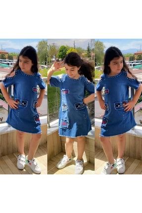 Çocuk Kot Elbise Nakış Işlemeli Taş Yaka Detaylı Usaq Geyin FZLT22