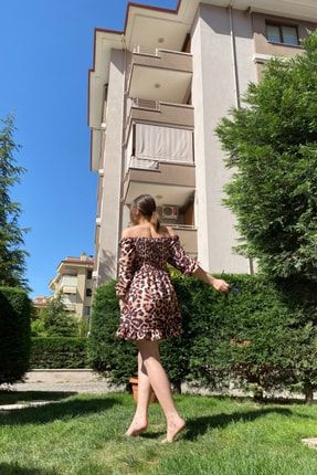 Kadın Kahverengi Leopar Desen Mini Elbise Ldme57