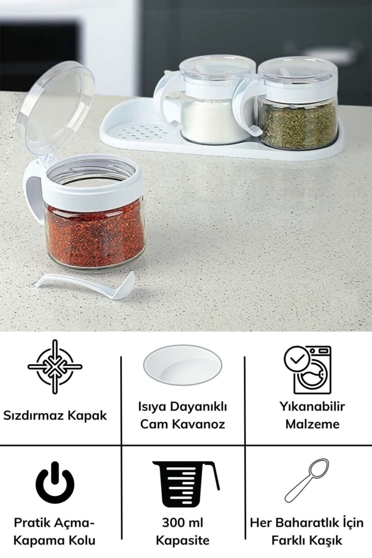 Buffer-® Set of 6 Rectangular Transparent Storage Containers + White 3-Piece Glass Spice Rack with Stand and Lid and Spoon 3