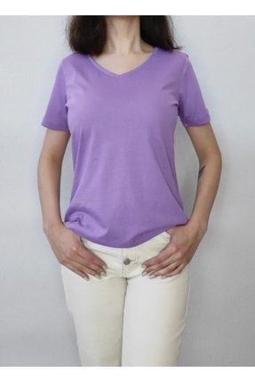 Kadın Lila Basic V Yaka Pamuk Kısa Kol T-shirt BML21-BV031905