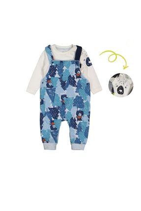 Bebek Kıyafeti Mavi Unisex Badili Ayıcık Desenli Mum Dad Salopet TUOBEBE2806