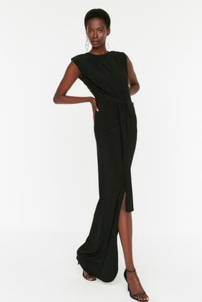 Siyah Drape Detaylı Abiye & Mezuniyet Elbisesi TPRSS22AE0036