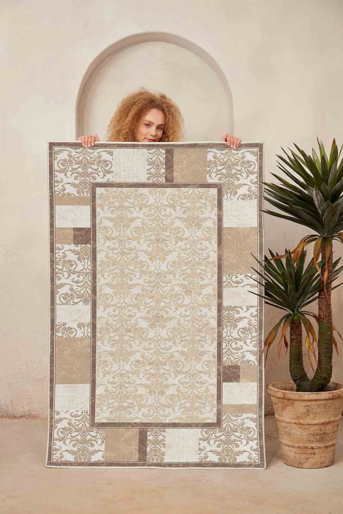 Homefesto-Cream-Flatun Geometric Patterned, Cream Colored Custom Design, Thin, Washable Carpet 2