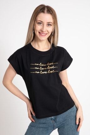 Kadın Pamuklu Varak Baskılı Siyah Tshirt 4217