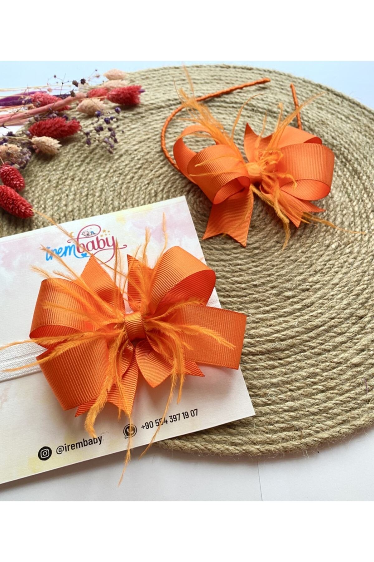 irembaby Anne Bebek Lohusa Seti Turuncu Tüylü Fiyonk Lohusa Tacı Ve Bebek Saç Bandı Lohusa Takımı fotoğrafı 2 (önizleme)