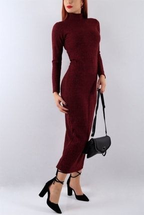 Moda Maçka Park Kadın Bordo Renk Balıkçı Yaka Uzun Kol Fitilli Triko Elbise fitilli21