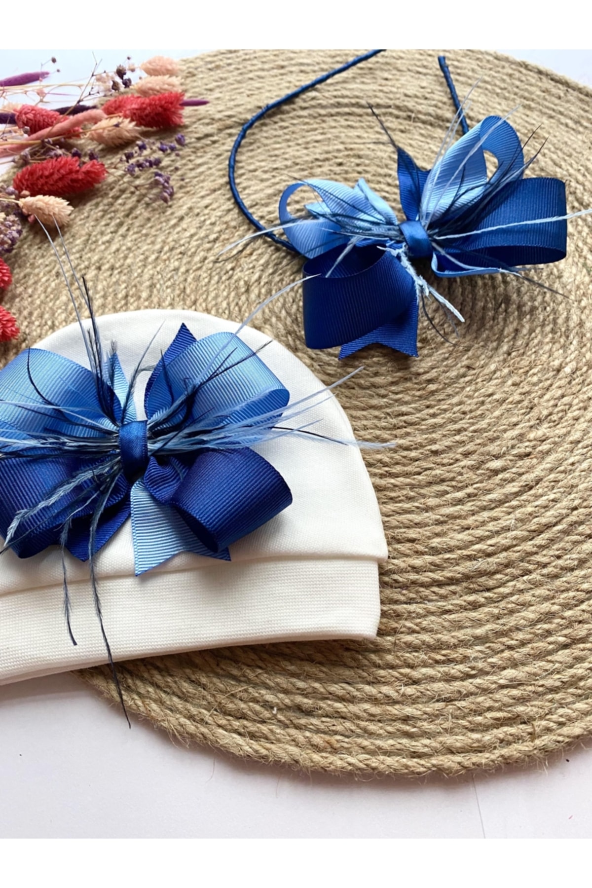 irembaby Bebek Lohusa Seti Mavi Lacivert Tüylü Fiyonk Bebek Şapkası Ve Anne Lohusa Tacı Lohusa Takımı fotoğrafı 2 (önizleme)