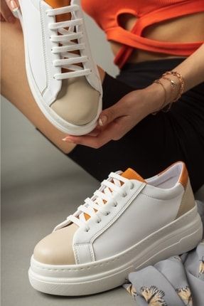 Beyaz - Guard Kadın Günlük Kalın Taban Renk Detaylı Sneaker Ayakkabı MP-CNP001