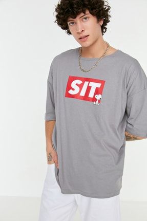 Gri Erkek Oversize Baskılı Kısa Kollu 100% Pamuklu T-Shirt TMNSS21TS1152