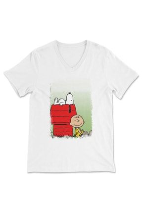 Vintage Peanuts Snoopy V Yaka Unisex Tişört T-shirt VBXVC360