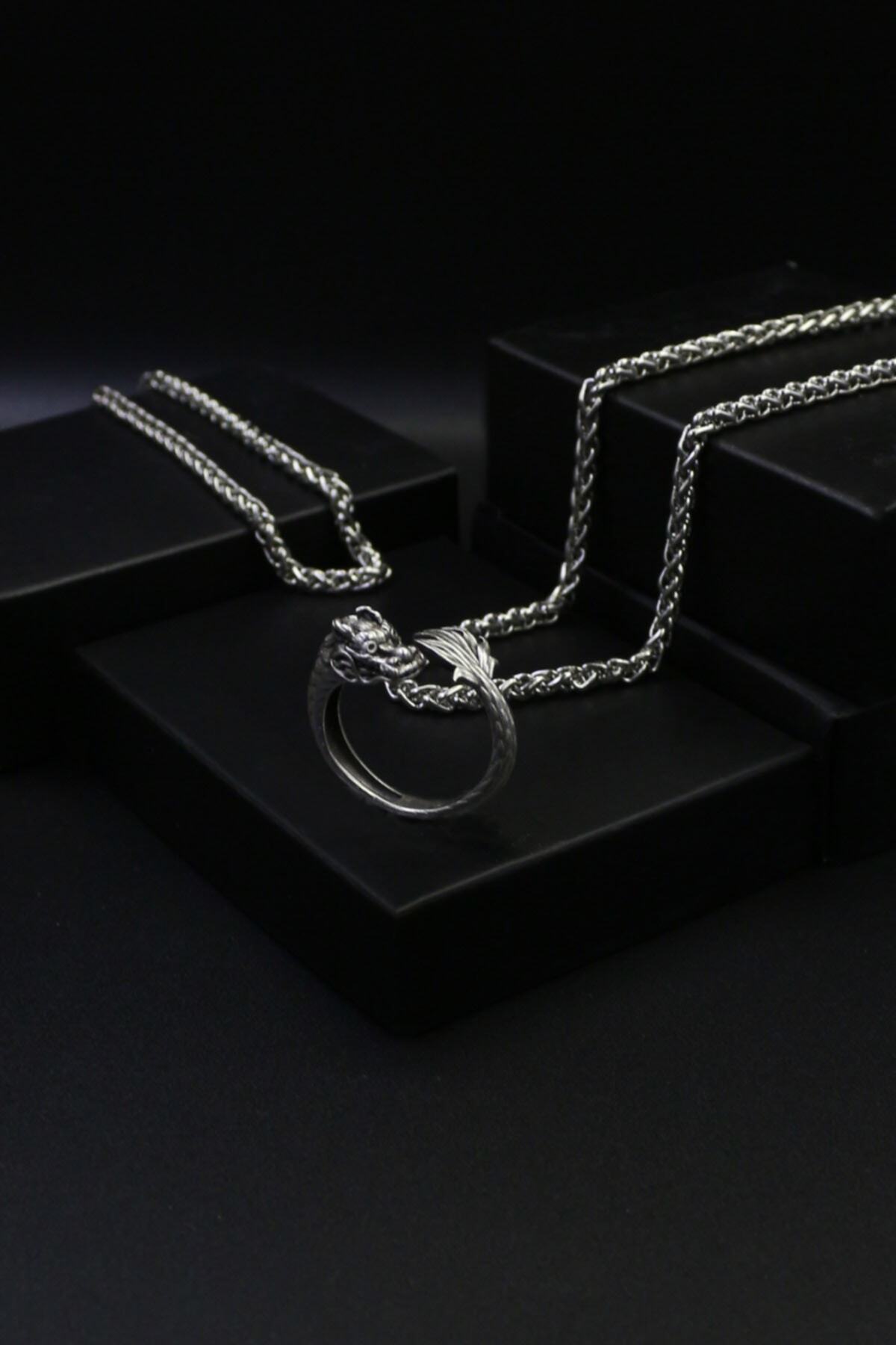 Dukkanka 3'lü Ejderha Ayarlanabilir Yüzük Ve Angelus Kolye Bileklik Seti