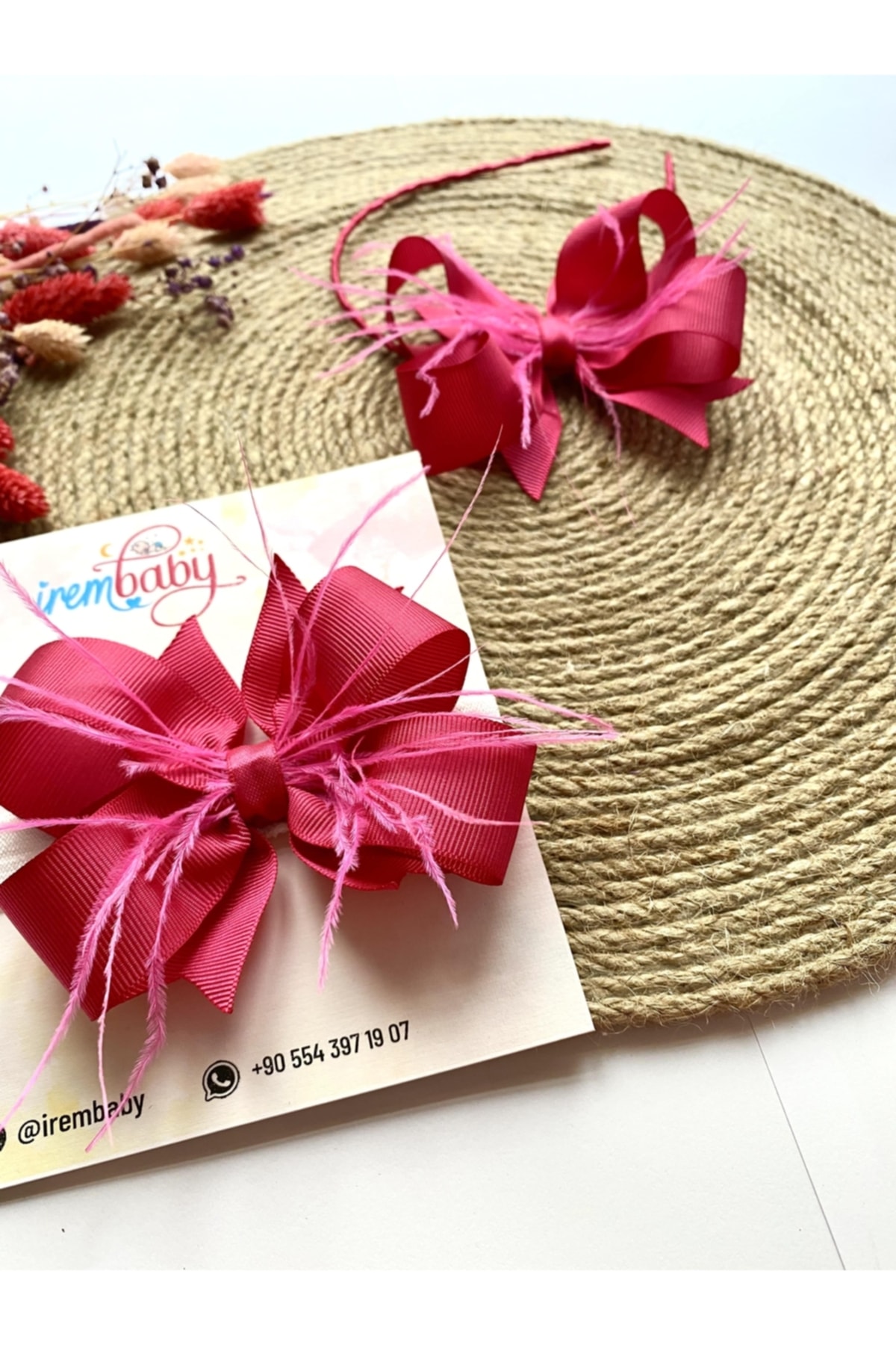 irembaby Anne Bebek Lohusa Seti Fuşya Pembe Tüylü Fiyonk Lohusa Tacı Ve Bebek Saç Bandı Lohusa Takımı fotoğrafı 2 (önizleme)