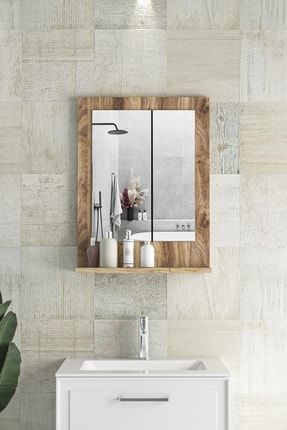 Verona 45x60cm Ceviz Raflı Banyo Aynası Dresuar Hol Koridor Duvar Salon Wc Ofis Yatak Odası Boy Ayna VERONA-45X60-RAFLI-BANYO-DOLAP