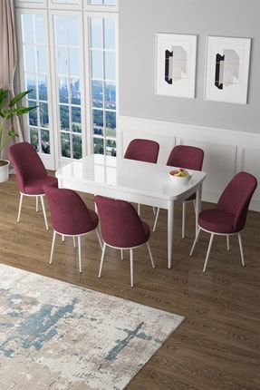 Zen Serisi Mdf Açılabilir Mutfak Masası Takımı-yemek Masası Takımı Beyaz Masa+6 Bordo Sandalye ZEN66BYZ6