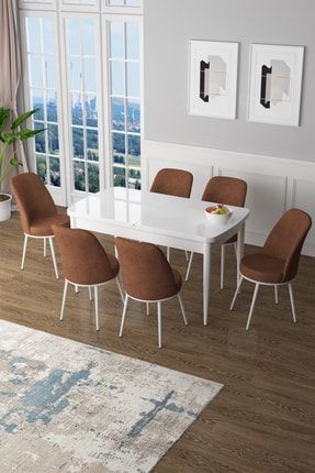 Zen Serisi Mdf Açılabilir Mutfak Masası Takımı-yemek Masası Takımı Beyaz Masa+6 Kiremit Sandalye ZEN66BYZ6