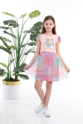 Kız Çocuk Tullu Unicorn Desen Penye Elbise tulluelbise-310x