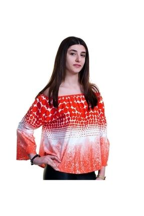 Kırmızı Puantiyeli Özel Kesim Pamuk Kadın Omzu Açık Bluz WM0123