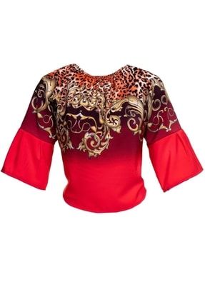 Kırmızı Şal Desen Dijital Baskı Özel Kesim Kadın Omzu Açık Bluz WM0103