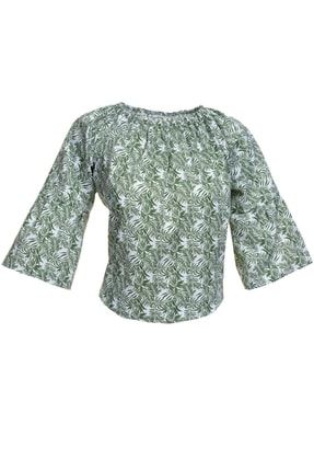 Yeşil Yaprak Desenli Beyaz Kadın Omzu Açık Bluz WM0133