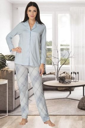 Ekose Desenli Önden Düğmeli Mavi Lohusa Pijama Takımı E-T-8072-PT