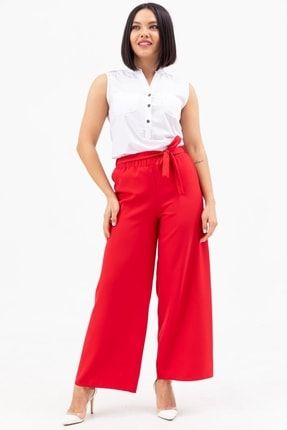 Kadın Kırmızı Kuşaklı Bol Paça Pantolon 14F2C8F