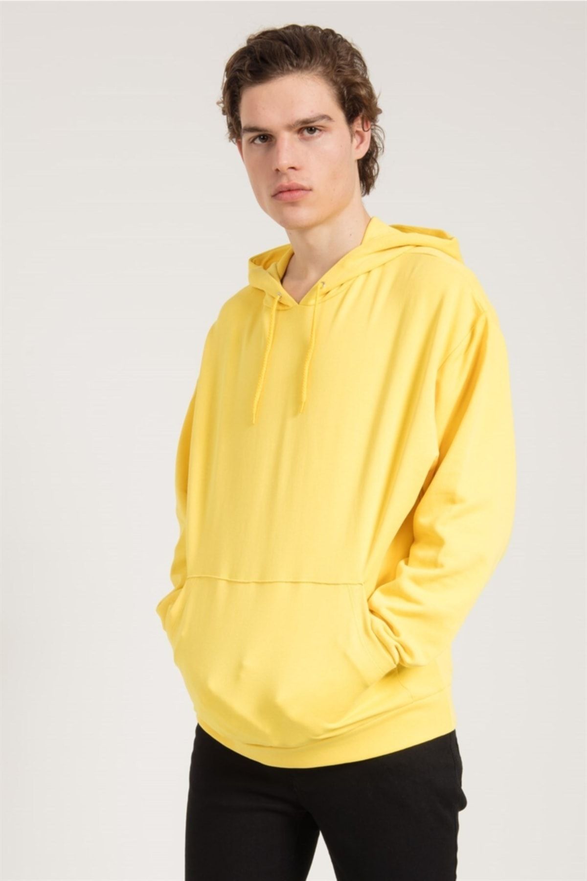 JAHR MARC-Yellow Oversized Men's Hooded Sweatshirt with Front Pocket 7