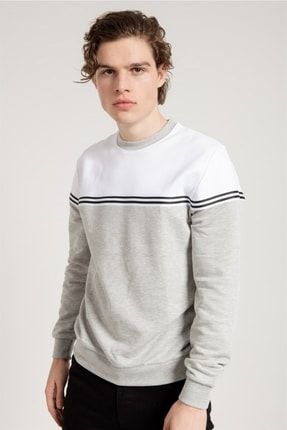 Şeritli Uzun Kollu Gri Beyaz Erkek Sweatshirt 70044