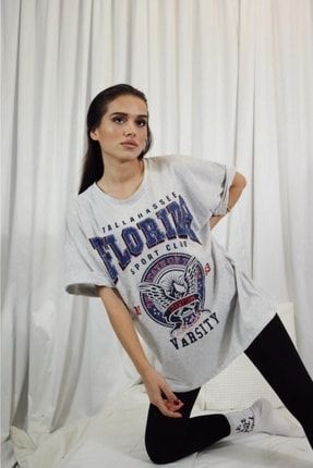 Kadın Gri Florida Baskılı Oversize Tshirt modagenflorida