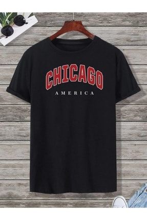 Oversize Unisex Chicago Amerika Logo Baskılı Tişört 35475