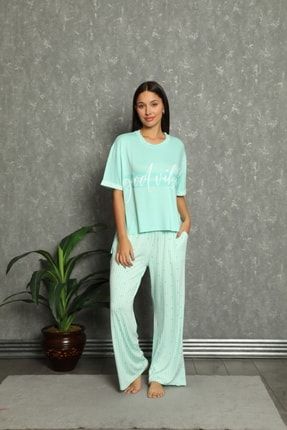Kadın Pijama Takımı Boru Paça Çizgili Yıldızlı AL1