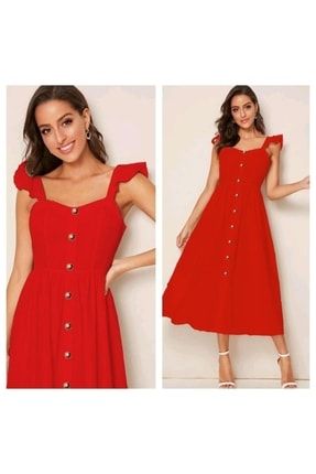 Kadın Kırmızı Önü Düğmeli Omuz Detaylı Keten Elbise b7d5f5289a22f2c6c01b