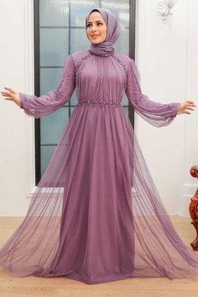 Tesettürlü Abiye Elbise - Inci Detaylı Lila Tesettür Abiye Elbise 9170lıla PPL-9170