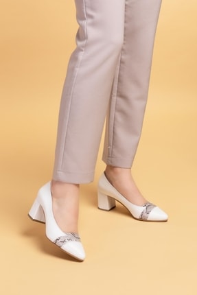 Hakiki Deri Kadın Beyaz Topuklu Ayakkabı Shn-0799