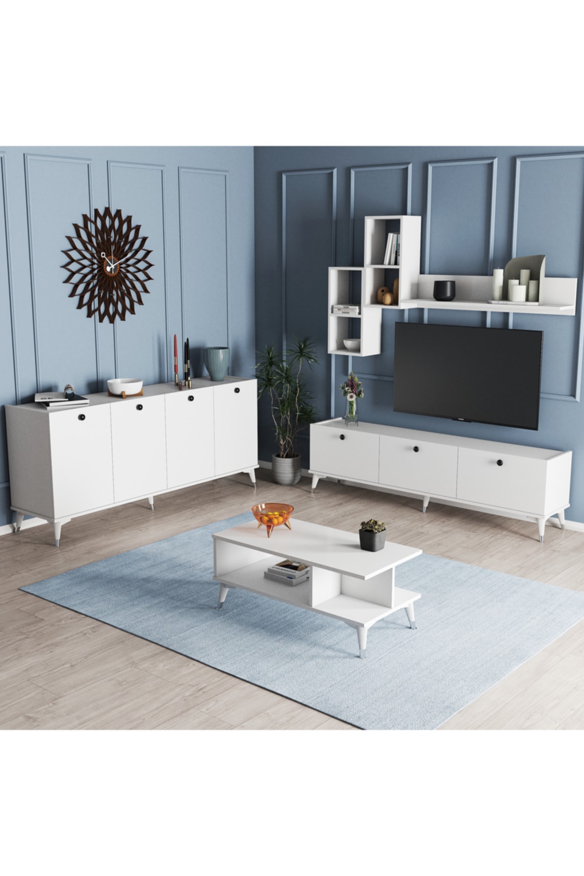 Moxen Mobilya Mtsk1 Mira Tv Ünitesi Raflı Dolaplı Orta Sehpası Ve Konsol Takımı /yemek Odası Beyaz