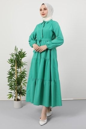 Standart Yaka Düğmeli Elbise Soft Yeşil 274985-SY