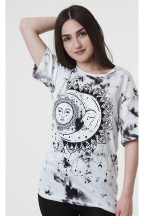 Unisex Bis Yaka Batik Desen Yazı Baskı Kısa Kol T-shirt israoutlet544