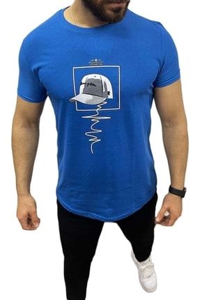 Erkek Slim Fit Bisiklet Yaka Uzun Oval Şapka Baskılı T-shirt T3B001